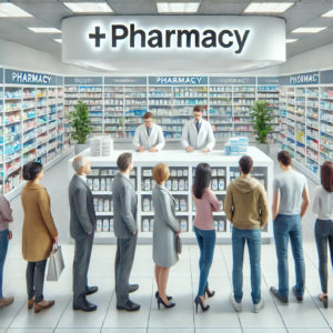 Ozempic pros and cons, people line up in a pharmacy